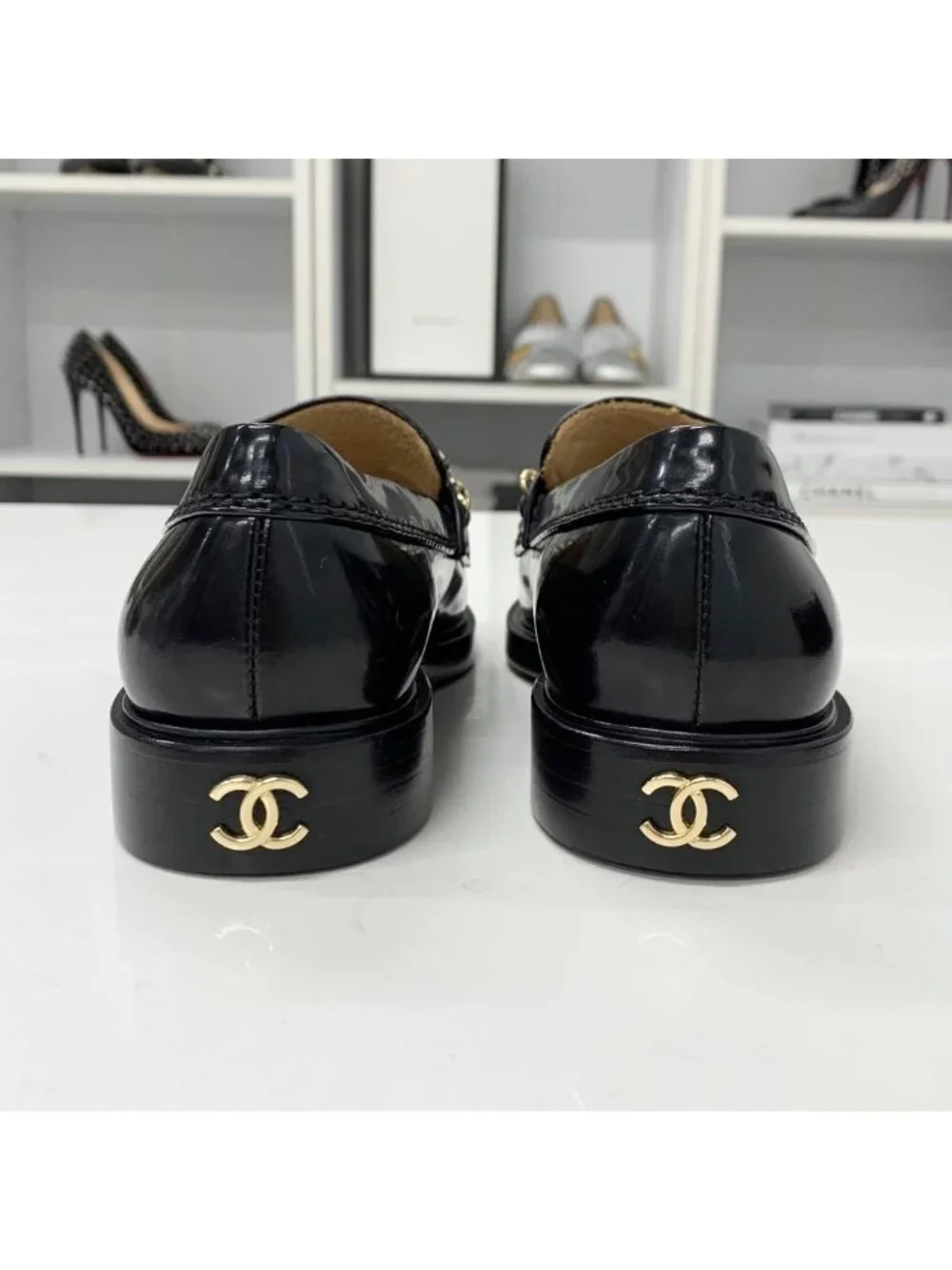 Chanel Patent Logo CC Chain Loafers Black